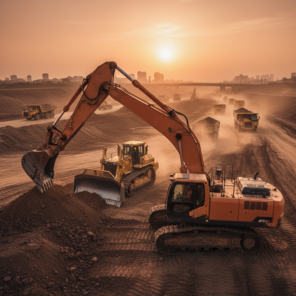 En gravemaskine og en bulldozer arbejder på en støvet byggeplads ved solnedgang, mens dumpere kører i baggrunden.