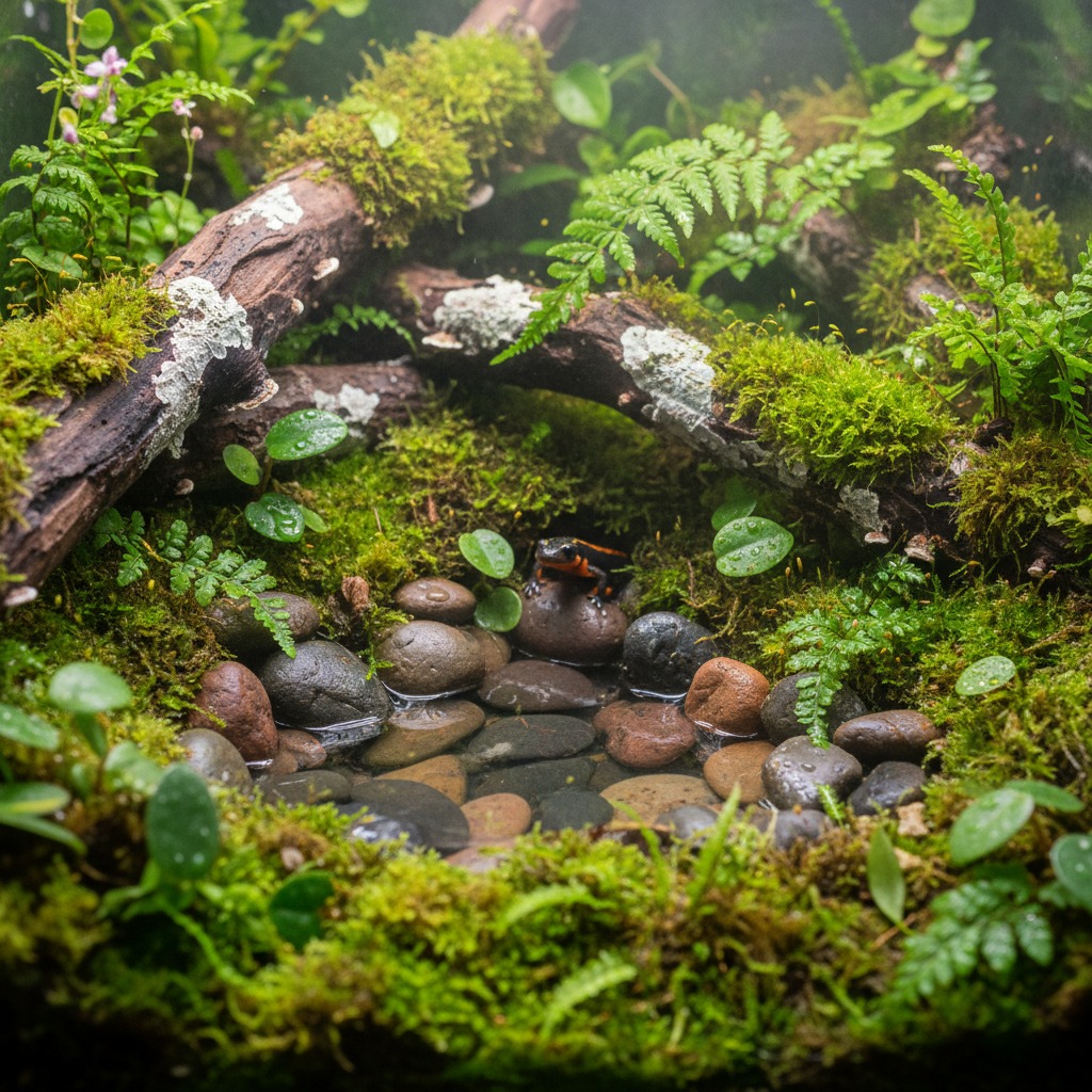 En lille salamander sidder på en sten ved en lille dam omgivet af mos, bregner og træstammer i et terrarium.